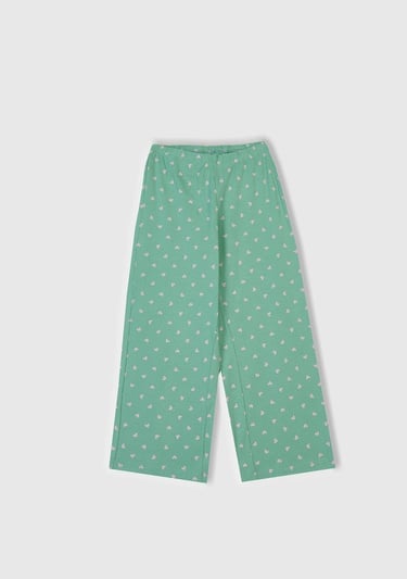  Kız Çocuk Turkuaz Desenli Fırfır Detaylı Pijama Takımı