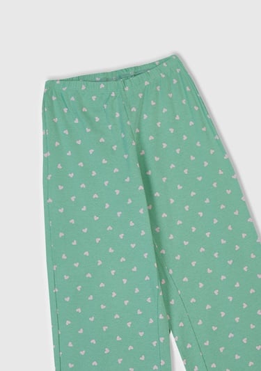  Kız Çocuk Turkuaz Desenli Fırfır Detaylı Pijama Takımı