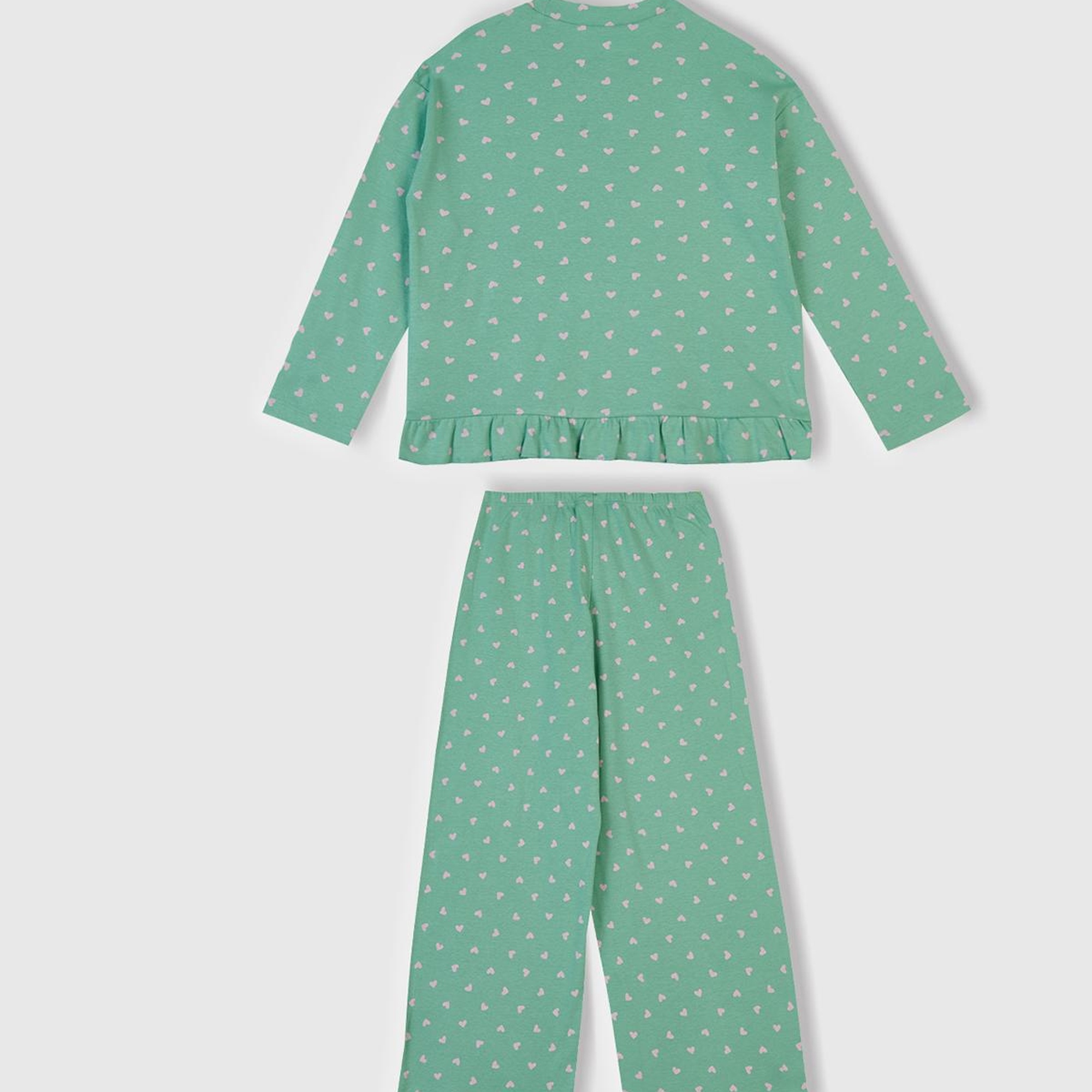 Kız Çocuk Turkuaz Desenli Fırfır Detaylı Pijama Takımı