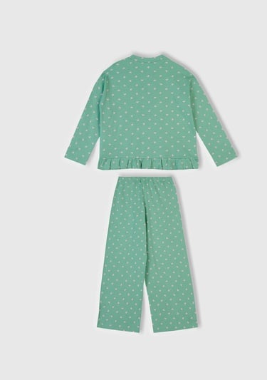  Kız Çocuk Turkuaz Desenli Fırfır Detaylı Pijama Takımı