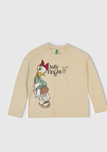  Kız Çocuk Krem Üstü Disney Baskılı Altı Desenli Paçası Kıvrık Pijama Takımı