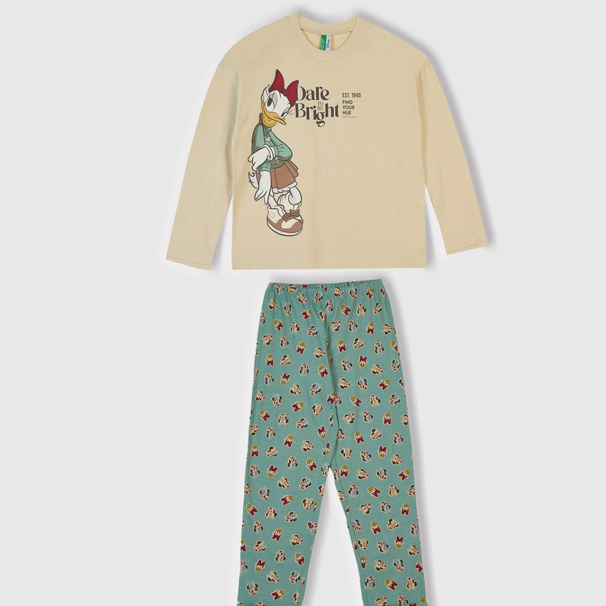 Kız Çocuk Krem Üstü Disney Baskılı Altı Desenli Paçası Kıvrık Pijama Takımı