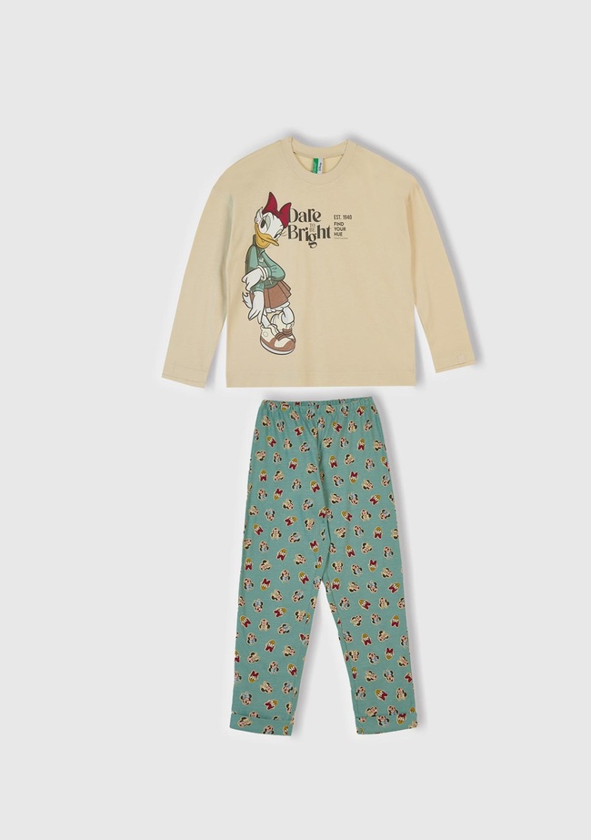  Kız Çocuk Krem Üstü Disney Baskılı Altı Desenli Paçası Kıvrık Pijama Takımı