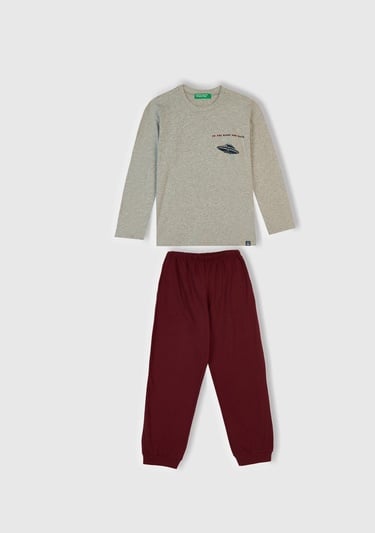 Erkek Çocuk Gri Melanj Üstü Baskılı Altı Cepli Pijama Takımı
