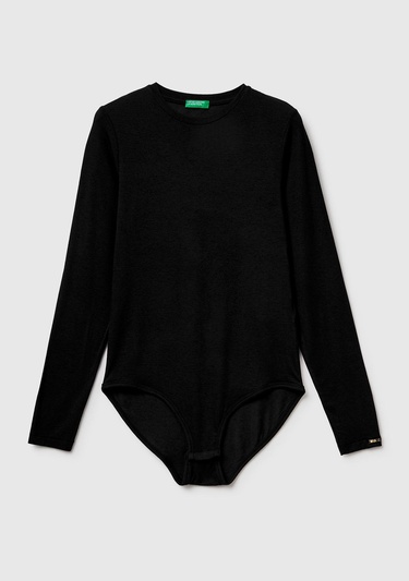  Kadın Siyah Modal ve Kaşmir Karışımlı Uzun Kollu Body