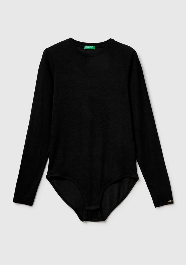  Kadın Siyah Modal ve Kaşmir Karışımlı Uzun Kollu Body