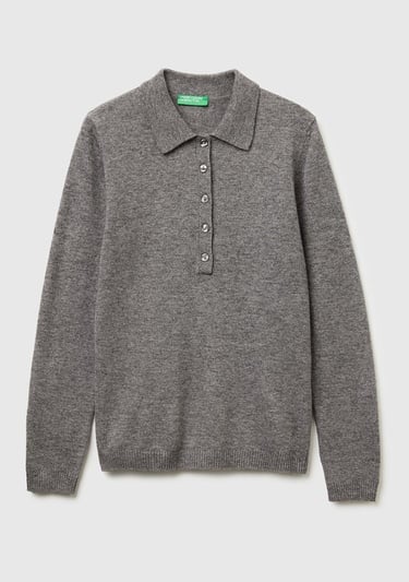  Kadın Antrasit Melanj Yün ve Kaşmir Karışımlı Regular Fit Polo Yaka Kazak