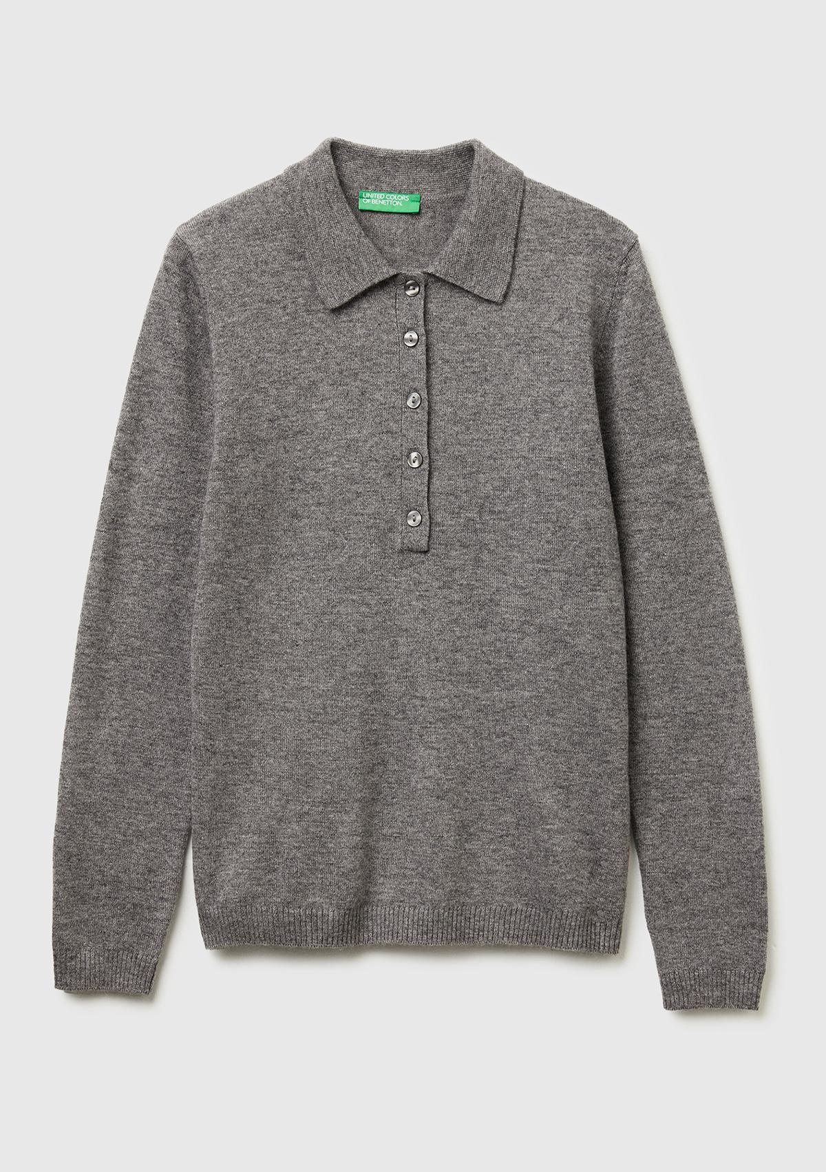  Kadın Antrasit Melanj Yün ve Kaşmir Karışımlı Regular Fit Polo Yaka Kazak