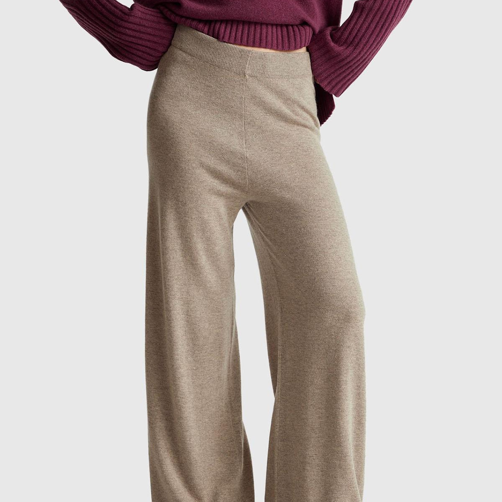 Kadın Taba Yün ve Kaşmir Karışımlı Ribana Detaylı Triko Pantolon