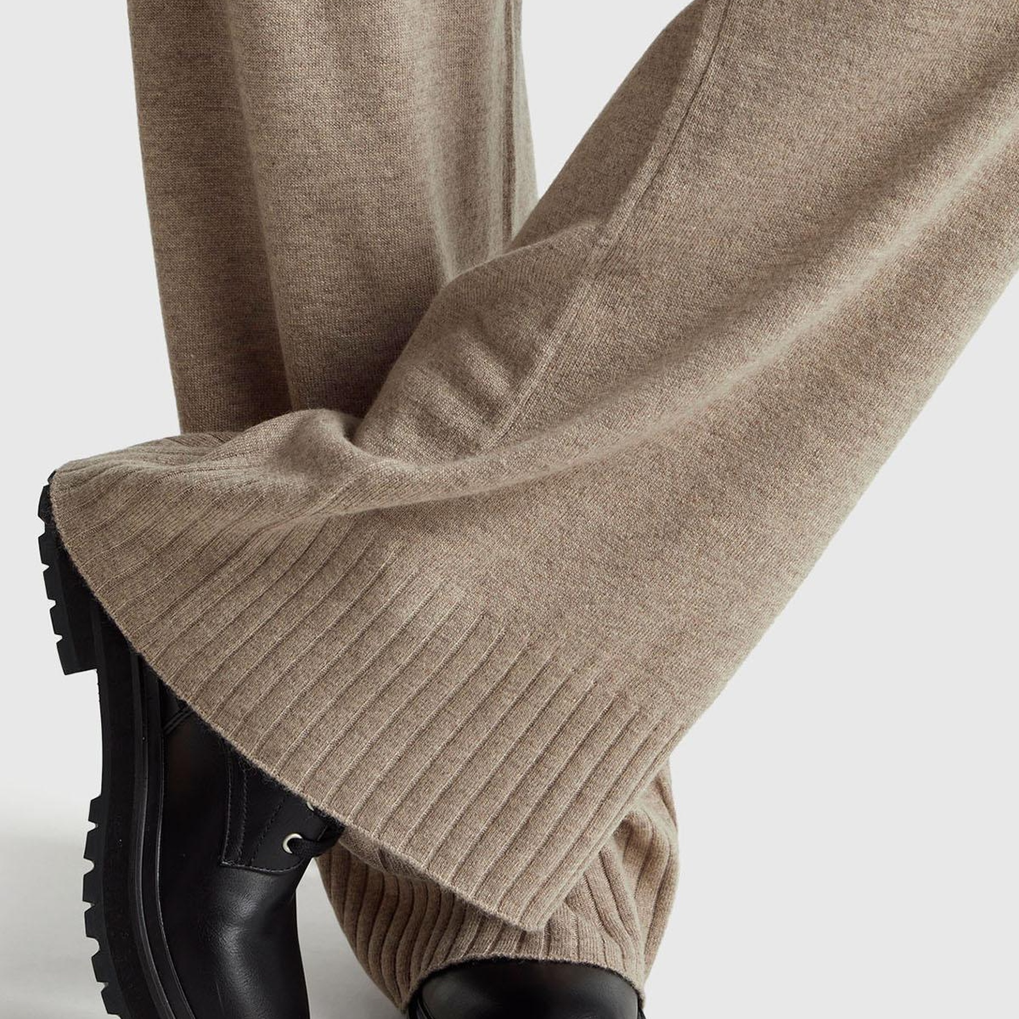 Kadın Taba Yün ve Kaşmir Karışımlı Ribana Detaylı Triko Pantolon