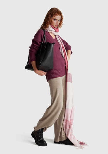  Kadın Taba Yün ve Kaşmir Karışımlı Ribana Detaylı Triko Pantolon
