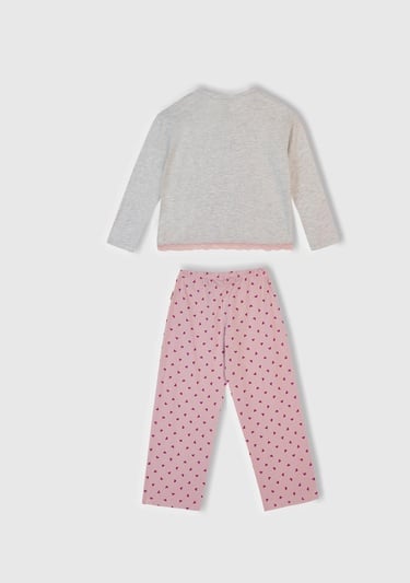  Kız Çocuk Beyaz Mix Üstü Baskılı Altı Desenli Pijama Takımı