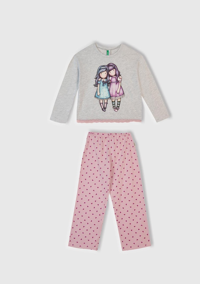 Kız Çocuk Beyaz Mix Üstü Baskılı Altı Desenli Pijama Takımı