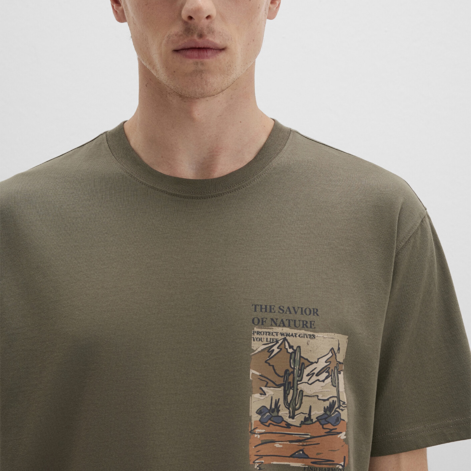 Mavi Baskılı Kahverengi Tişört Loose Fit / Bol Rahat Kesim 0612822-70377