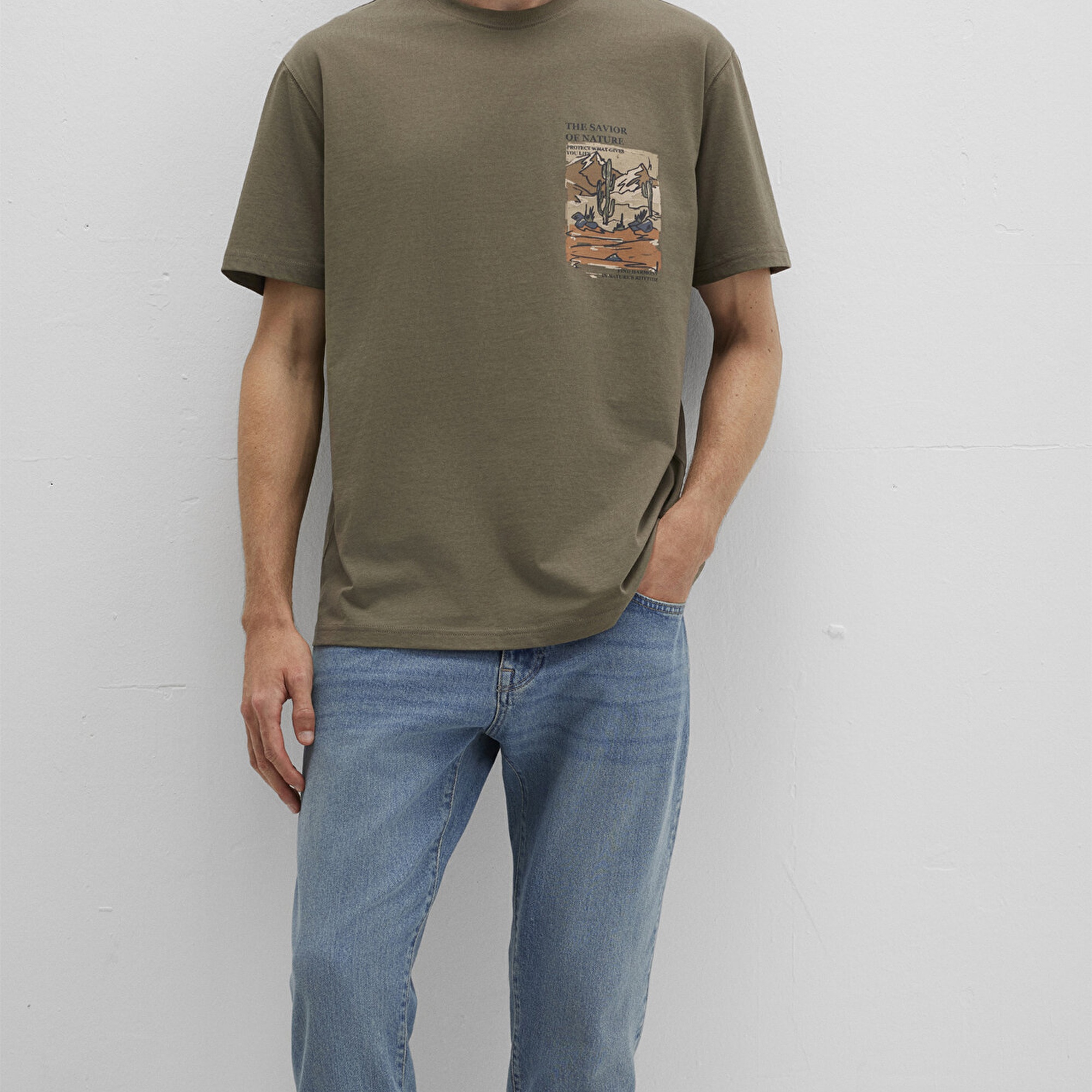 Mavi Baskılı Kahverengi Tişört Loose Fit / Bol Rahat Kesim 0612822-70377