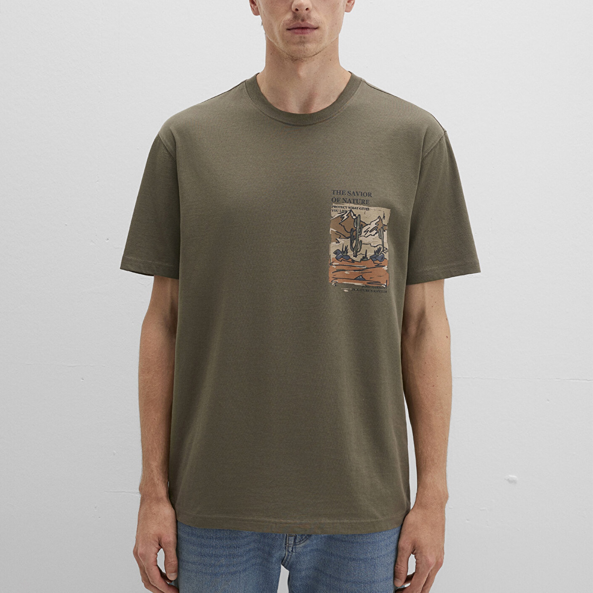 Mavi Baskılı Kahverengi Tişört Loose Fit / Bol Rahat Kesim 0612822-70377