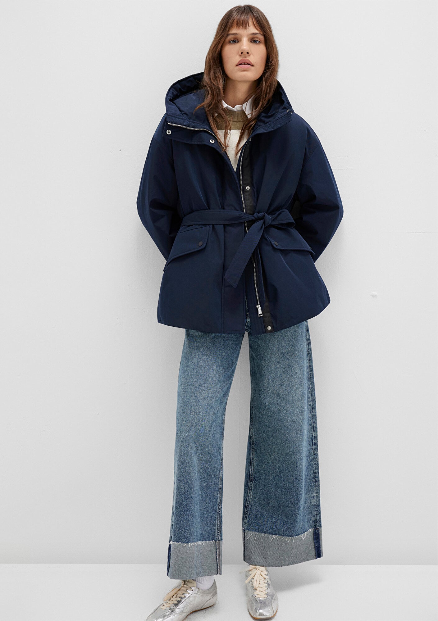  Mavi Su İtici Beli Kemerli Lacivert Parka Oversize / Geniş Kesim 1110703-83699