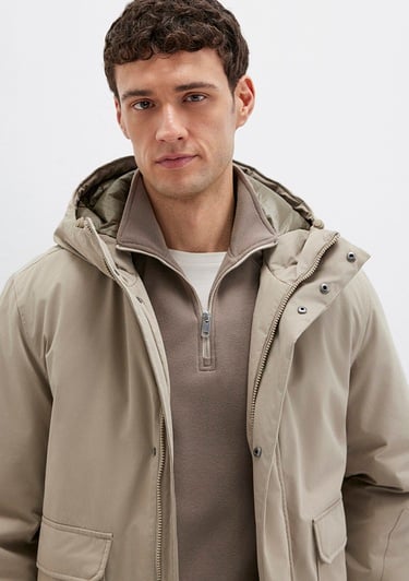  Mavi Cep Detaylı Kapüşonlu Bej Mont Loose Fit / Bol Rahat Kesim 0110657-70355