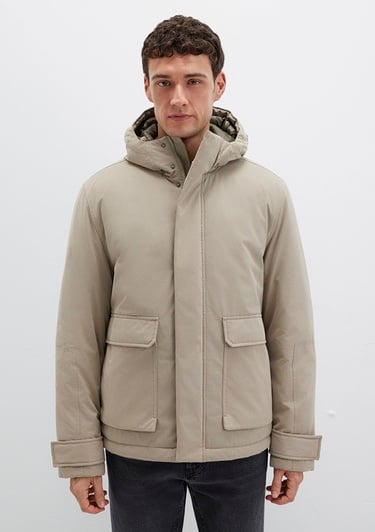  Mavi Cep Detaylı Kapüşonlu Bej Mont Loose Fit / Bol Rahat Kesim 0110657-70355