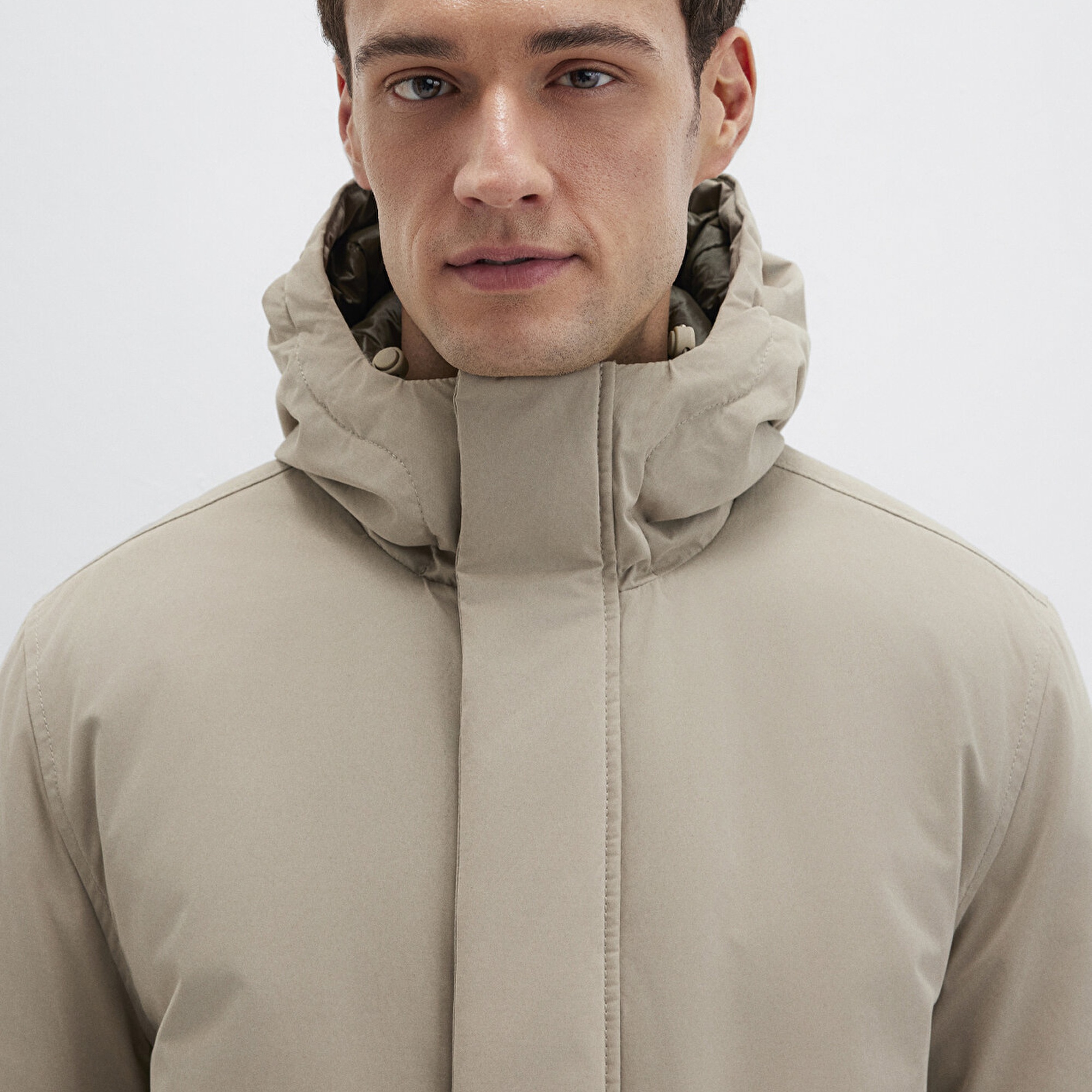 Mavi Cep Detaylı Kapüşonlu Bej Mont Loose Fit / Bol Rahat Kesim 0110657-70355