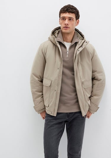  Mavi Cep Detaylı Kapüşonlu Bej Mont Loose Fit / Bol Rahat Kesim 0110657-70355