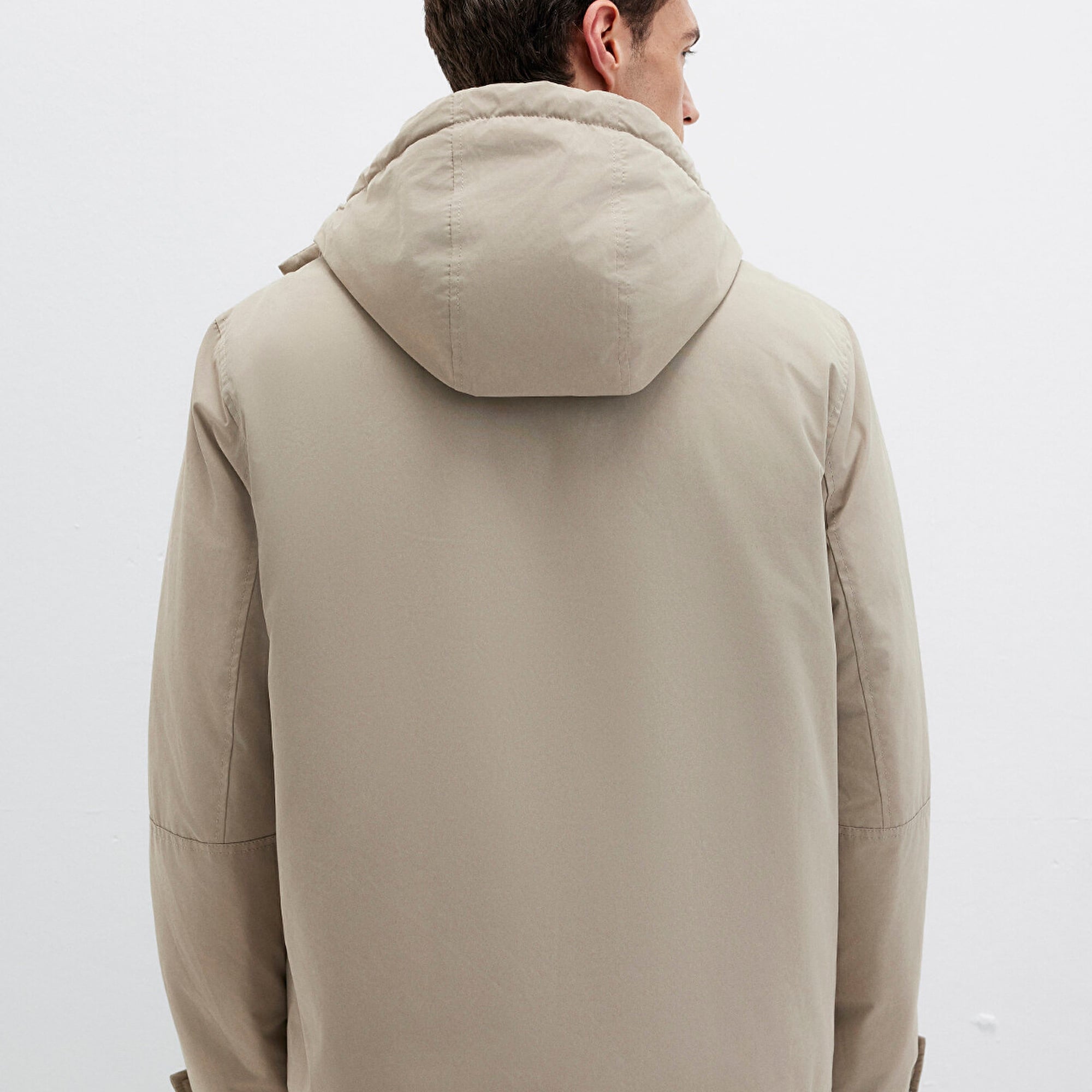 Mavi Cep Detaylı Kapüşonlu Bej Mont Loose Fit / Bol Rahat Kesim 0110657-70355