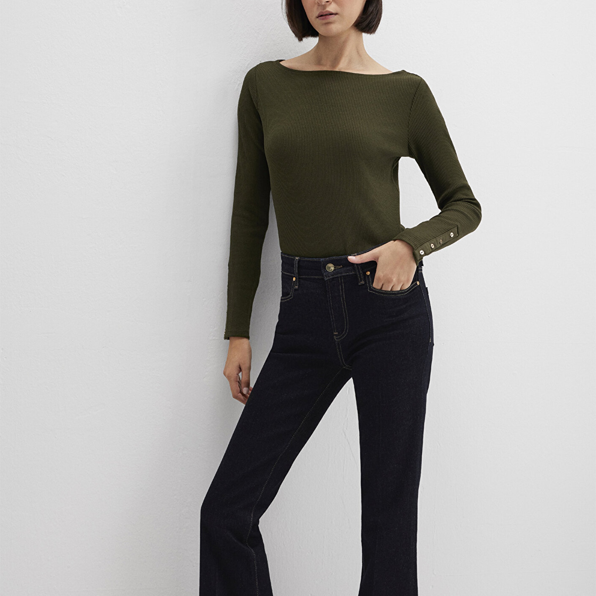 Mavi Yeşil Uzun Kollu Tişört Fitted / Vücuda Oturan Kesim 1613595-71545