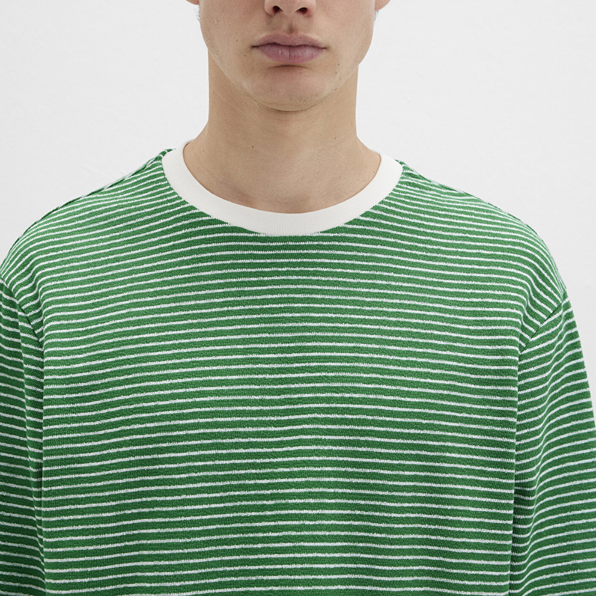 Mavi Çizgili Yeşil Tişört Loose Fit / Bol Rahat Kesim 0613038-85916