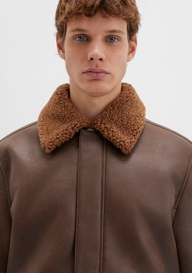  Mavi Kahverengi Suni Kürk Detaylı Suni Deri Ceket Regular Fit / Normal Kesim 0110669-70240