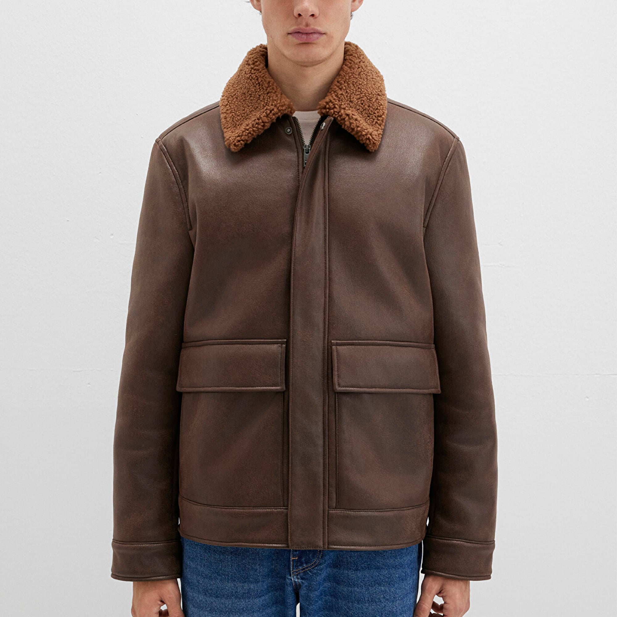 Mavi Kahverengi Suni Kürk Detaylı Suni Deri Ceket Regular Fit / Normal Kesim 0110669-70240