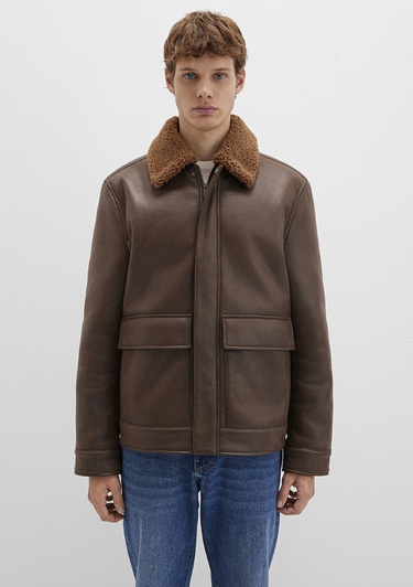  Mavi Kahverengi Suni Kürk Detaylı Suni Deri Ceket Regular Fit / Normal Kesim 0110669-70240
