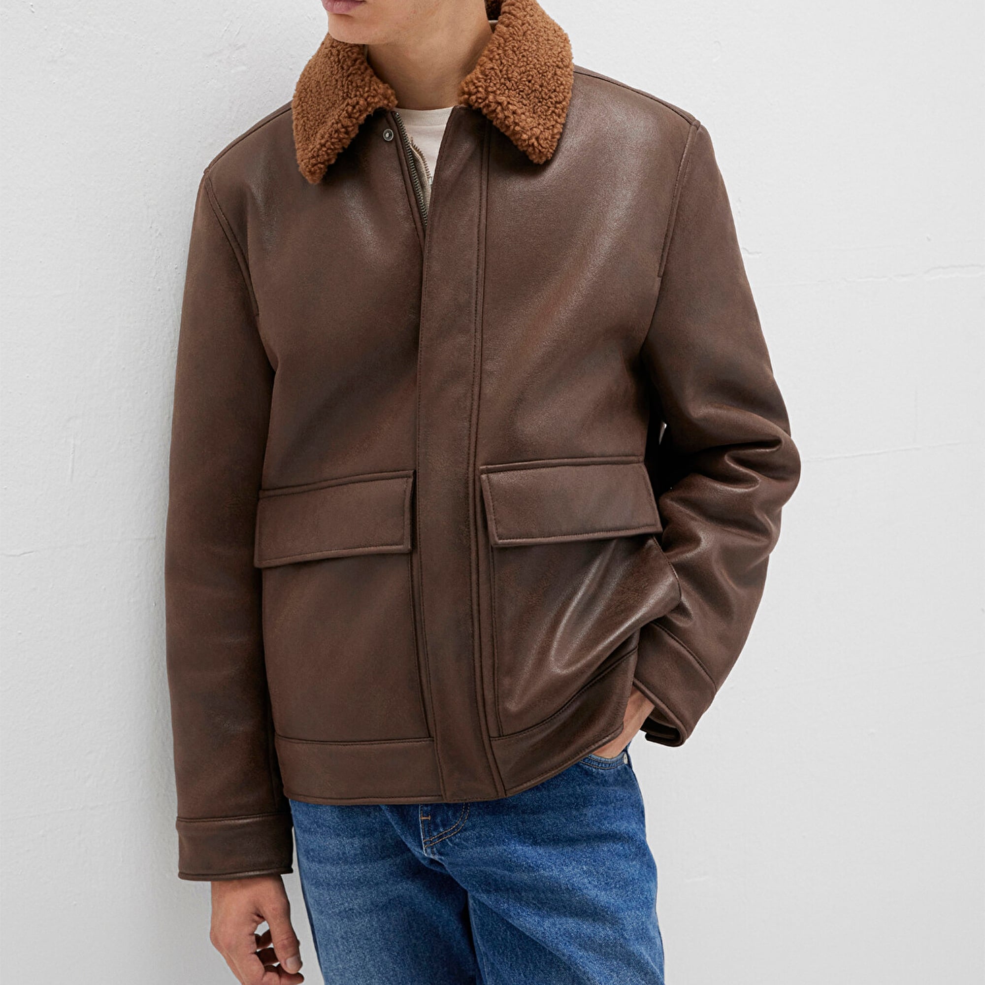 Mavi Kahverengi Suni Kürk Detaylı Suni Deri Ceket Regular Fit / Normal Kesim 0110669-70240