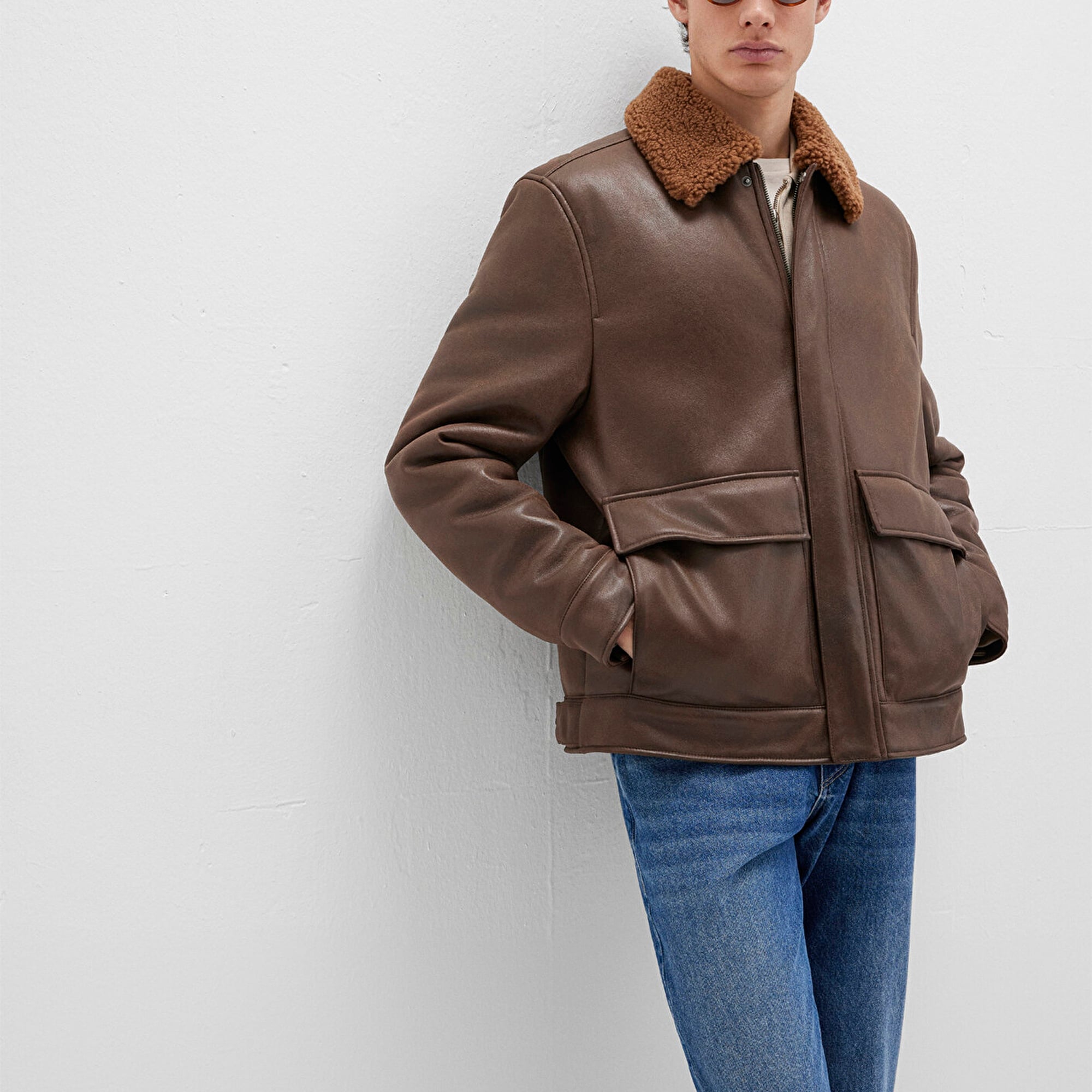 Mavi Kahverengi Suni Kürk Detaylı Suni Deri Ceket Regular Fit / Normal Kesim 0110669-70240