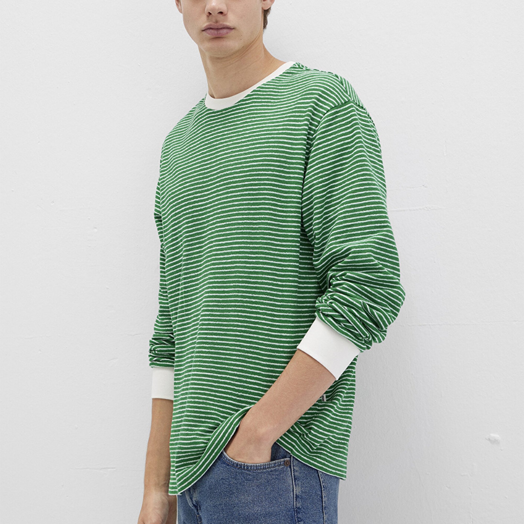 Mavi Çizgili Yeşil Tişört Loose Fit / Bol Rahat Kesim 0613038-85916
