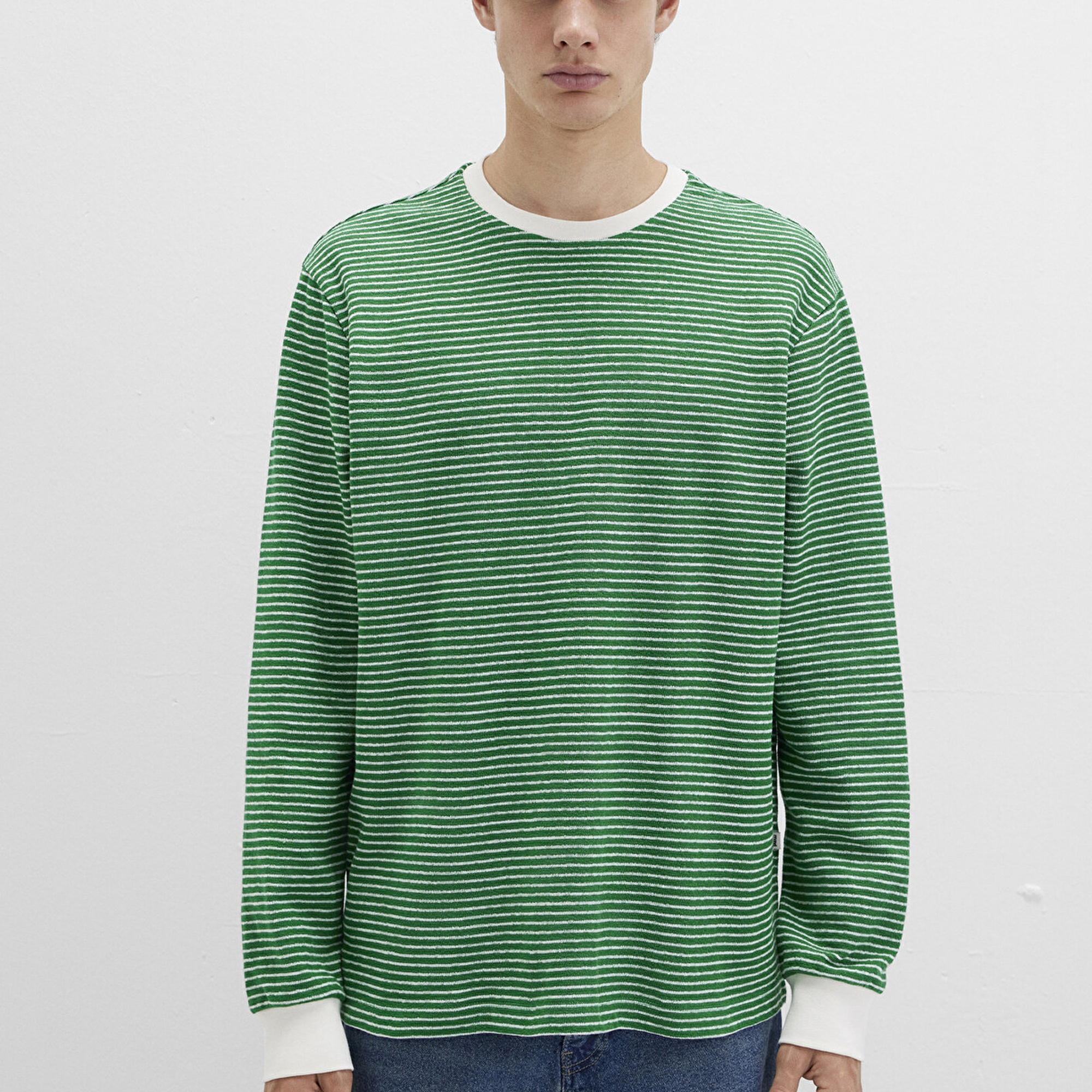 Mavi Çizgili Yeşil Tişört Loose Fit / Bol Rahat Kesim 0613038-85916