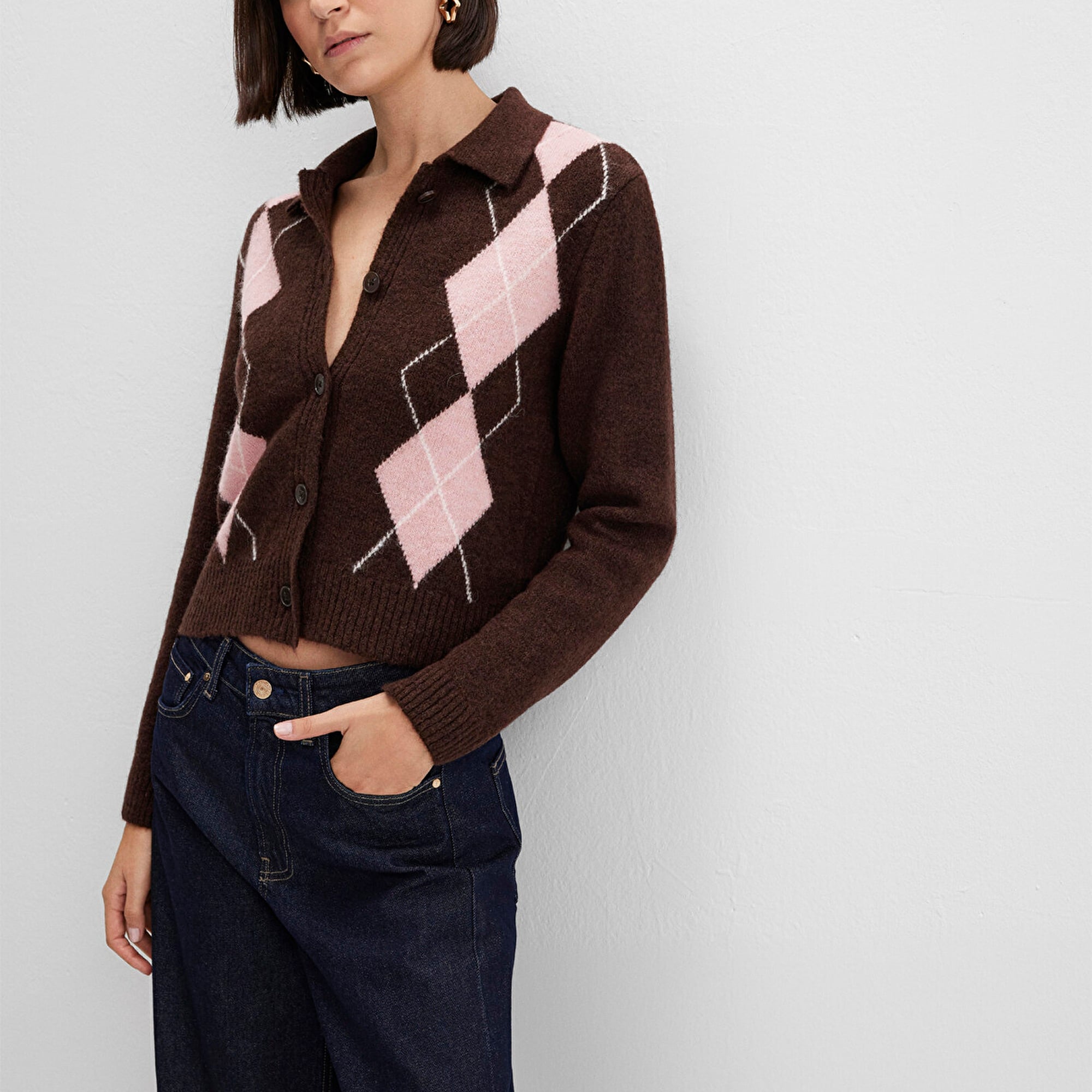 Mavi Yün Karışımlı Baklava Desenli Kahverengi Hırka Slim Fit / Dar Kesim 1710825-70244