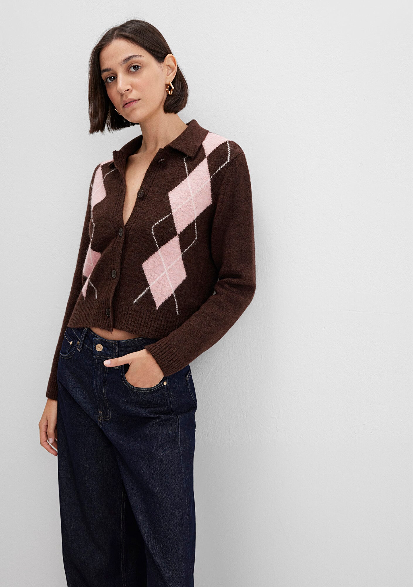  Mavi Yün Karışımlı Baklava Desenli Kahverengi Hırka Slim Fit / Dar Kesim 1710825-70244