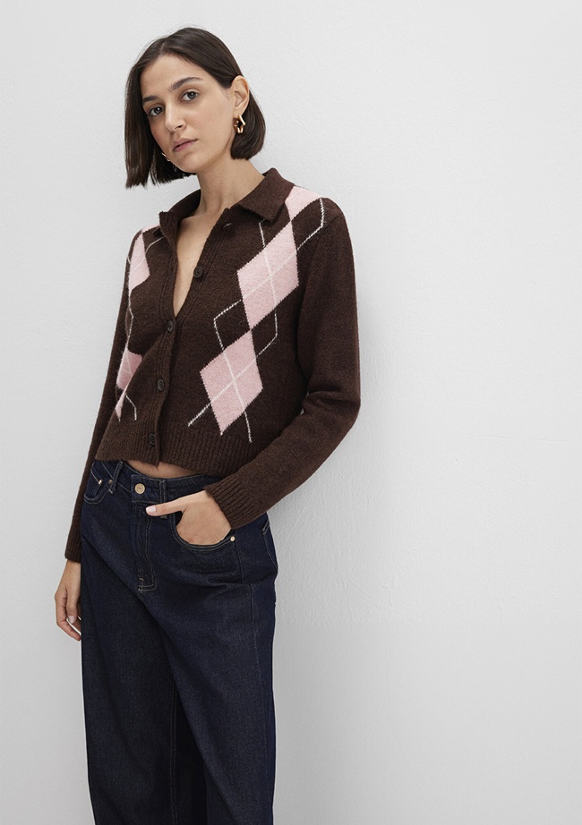  Mavi Yün Karışımlı Baklava Desenli Kahverengi Hırka Slim Fit / Dar Kesim 1710825-70244