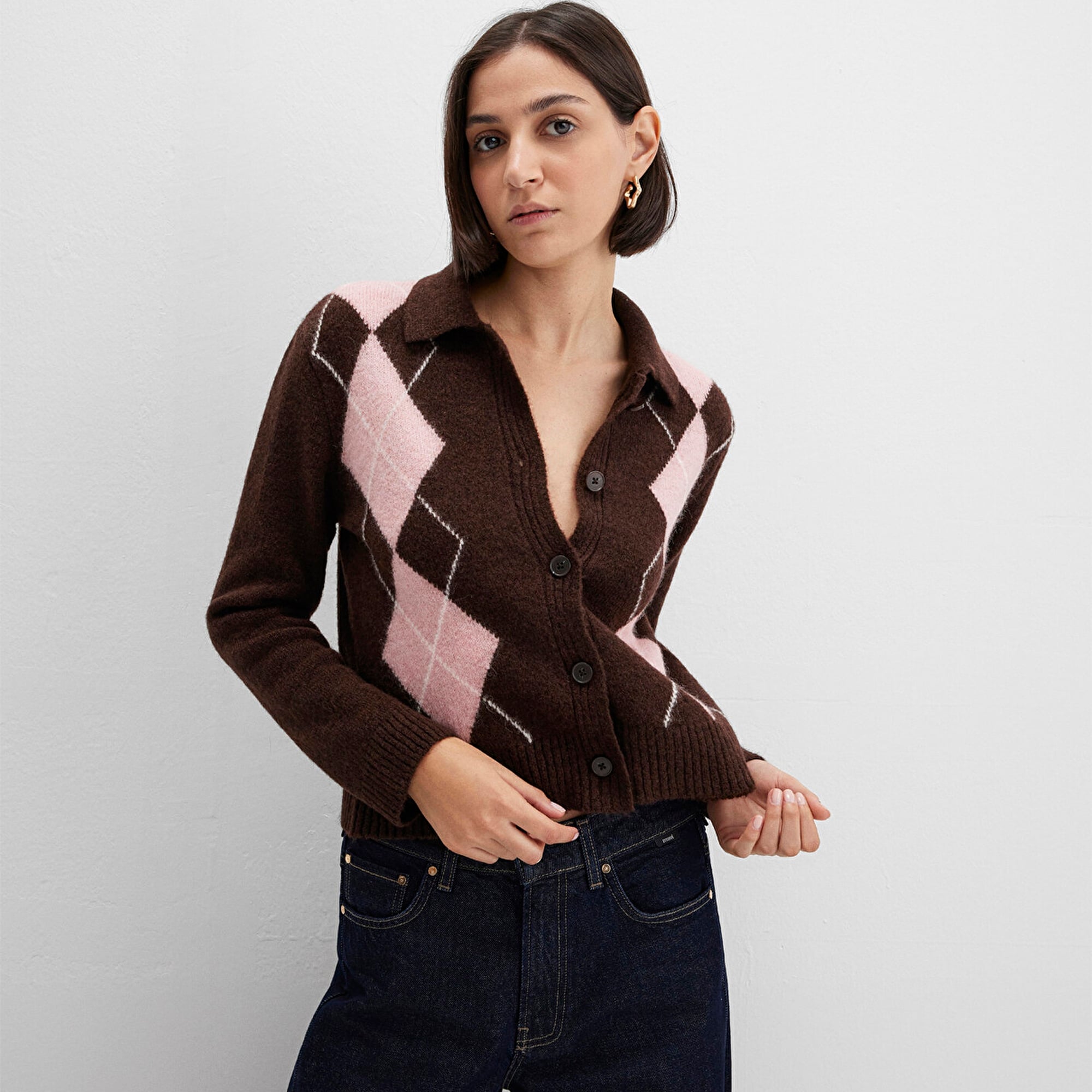 Mavi Yün Karışımlı Baklava Desenli Kahverengi Hırka Slim Fit / Dar Kesim 1710825-70244