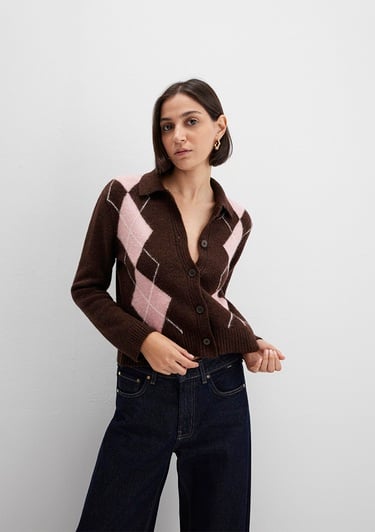  Mavi Yün Karışımlı Baklava Desenli Kahverengi Hırka Slim Fit / Dar Kesim 1710825-70244