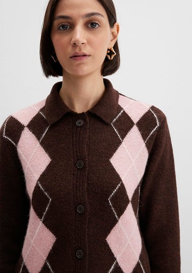  Mavi Yün Karışımlı Baklava Desenli Kahverengi Hırka Slim Fit / Dar Kesim 1710825-70244