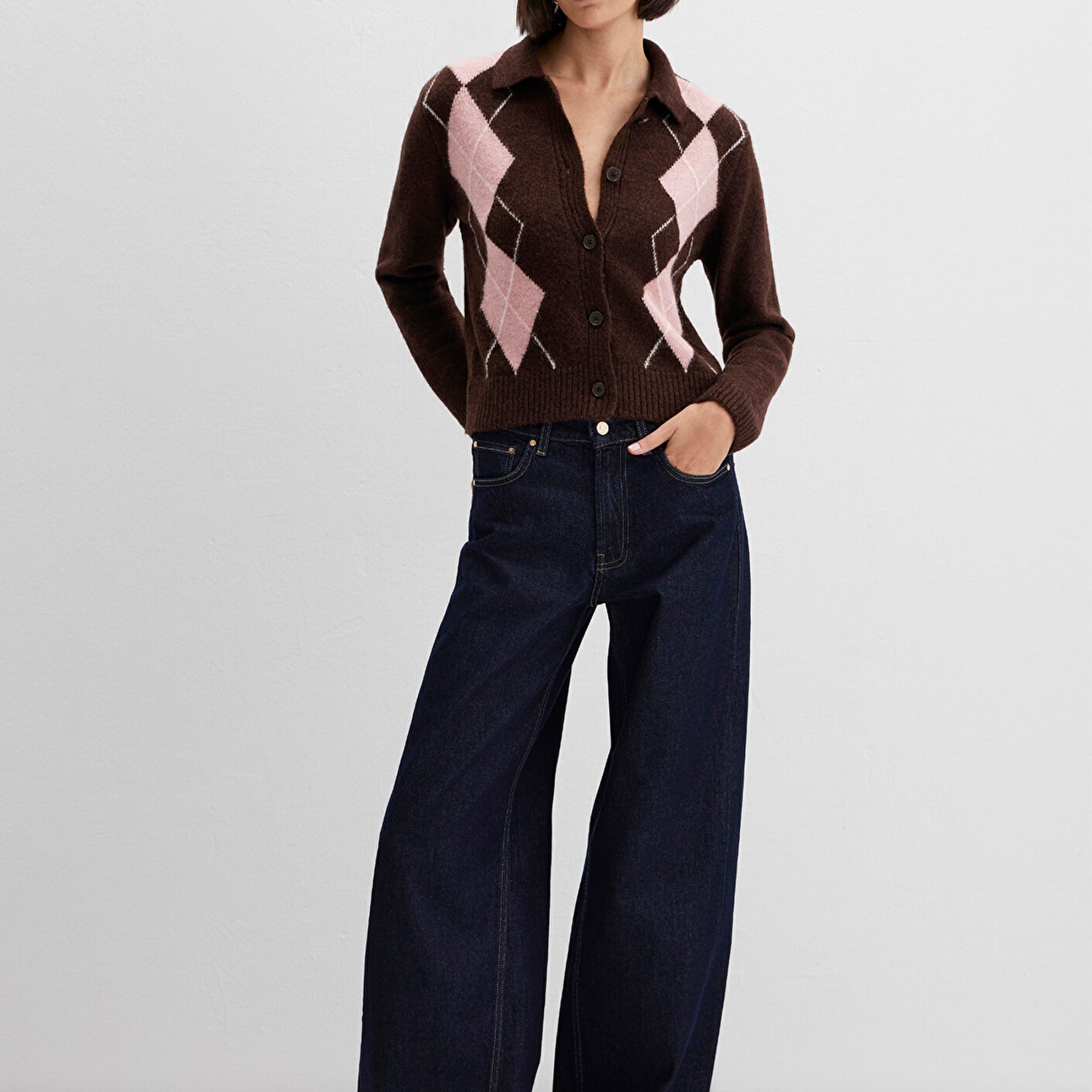 Mavi Yün Karışımlı Baklava Desenli Kahverengi Hırka Slim Fit / Dar Kesim 1710825-70244