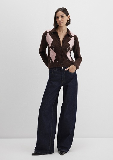  Mavi Yün Karışımlı Baklava Desenli Kahverengi Hırka Slim Fit / Dar Kesim 1710825-70244