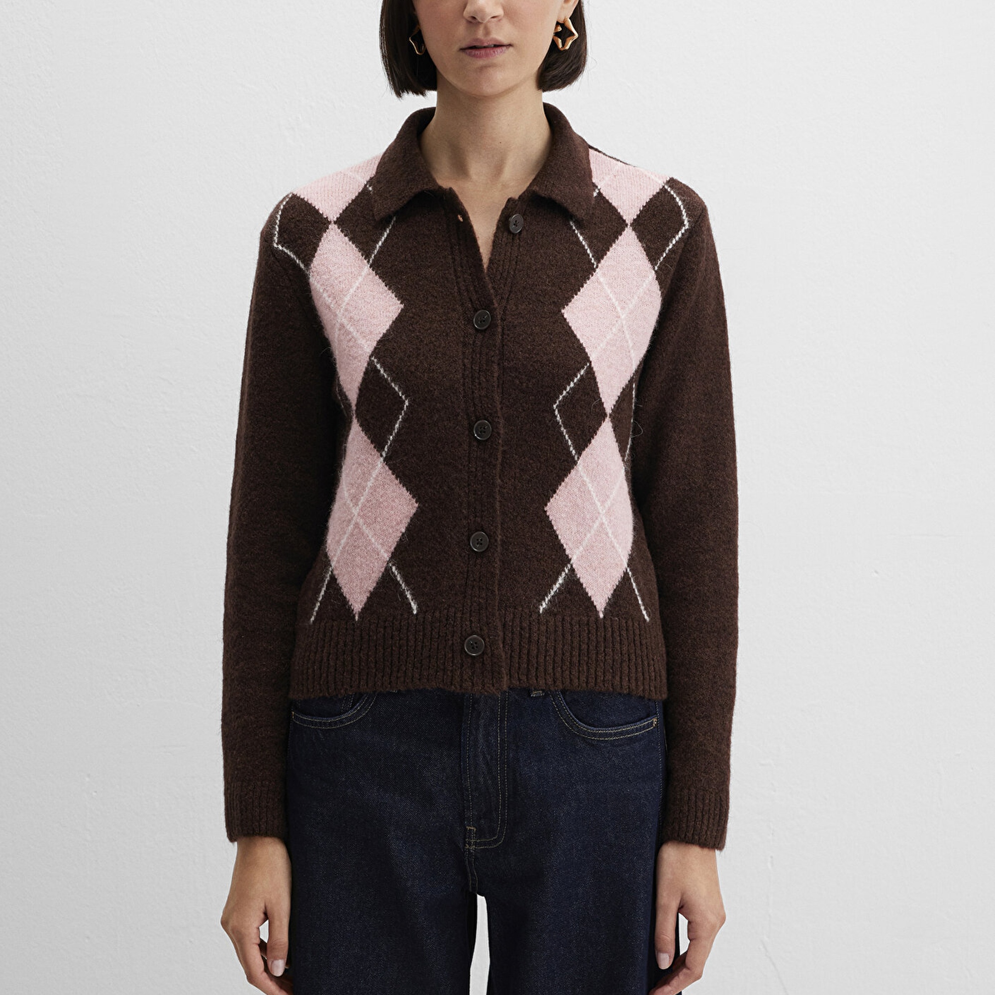 Mavi Yün Karışımlı Baklava Desenli Kahverengi Hırka Slim Fit / Dar Kesim 1710825-70244