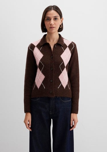  Mavi Yün Karışımlı Baklava Desenli Kahverengi Hırka Slim Fit / Dar Kesim 1710825-70244