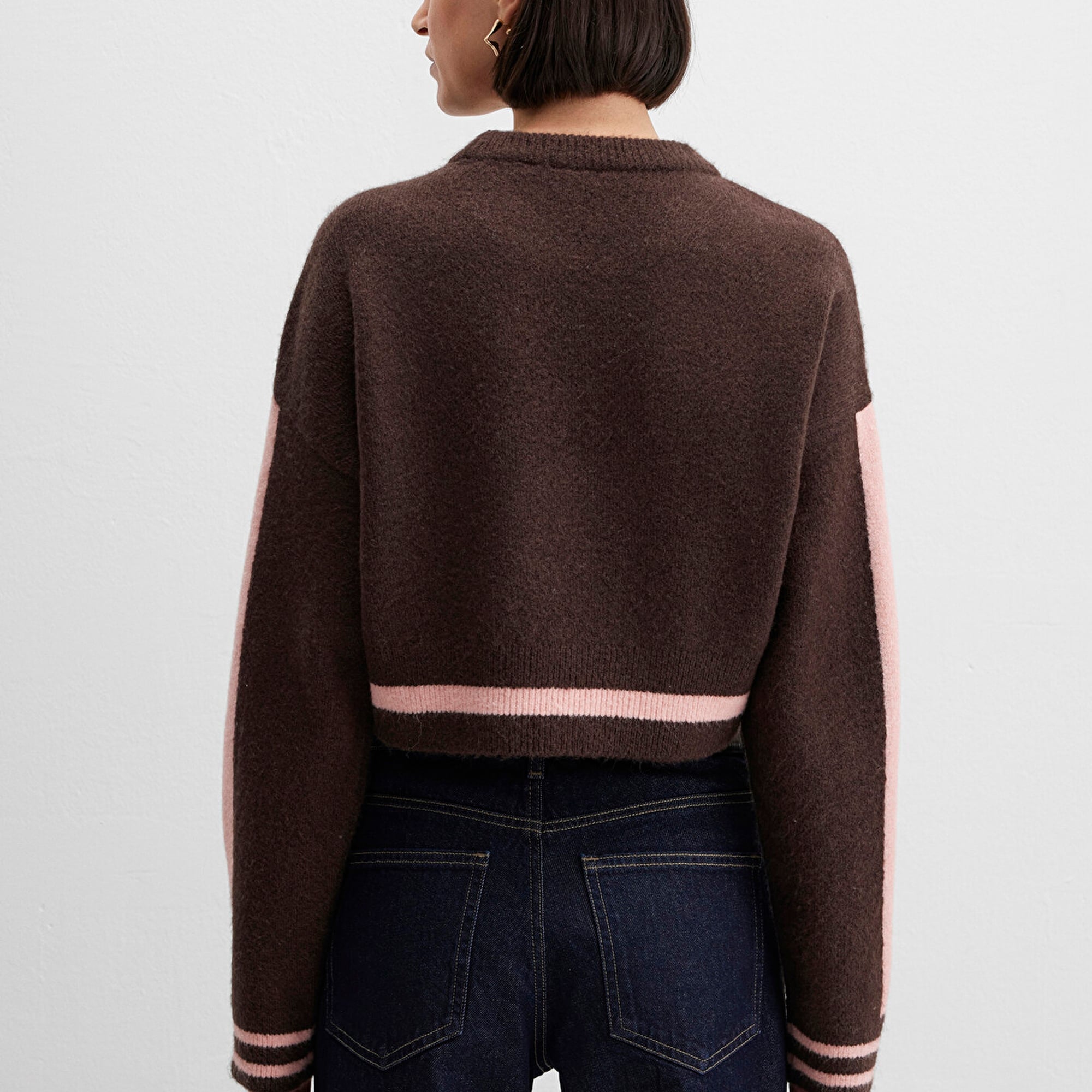 Mavi Çizgi Detaylı Kahverengi Kazak Crop / Kısa Kesim 1710876-70251