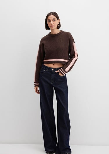  Mavi Çizgi Detaylı Kahverengi Kazak Crop / Kısa Kesim 1710876-70251