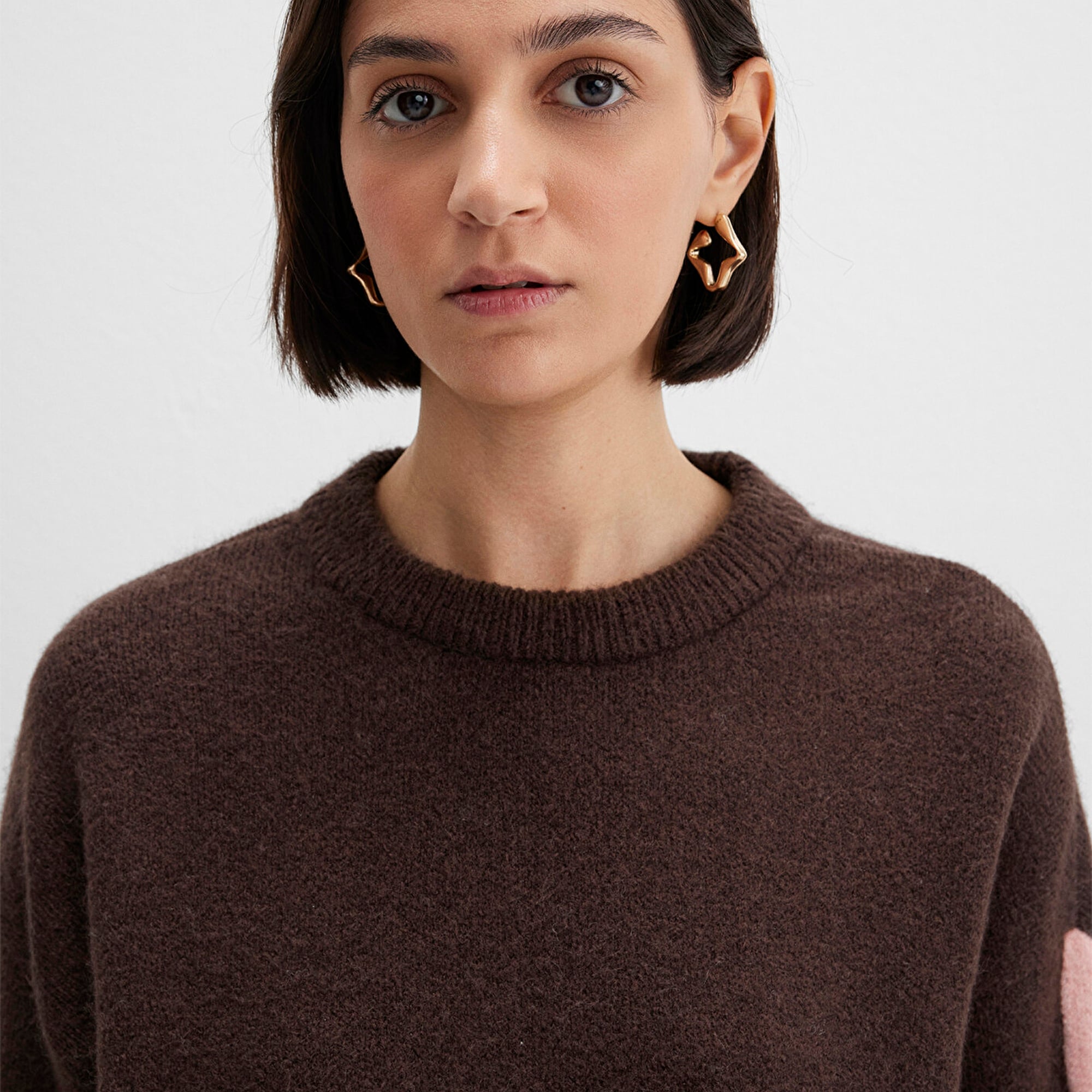 Mavi Çizgi Detaylı Kahverengi Kazak Crop / Kısa Kesim 1710876-70251