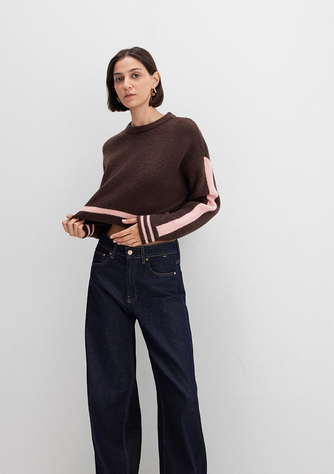  Mavi Çizgi Detaylı Kahverengi Kazak Crop / Kısa Kesim 1710876-70251