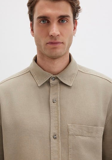  Mavi Cep Detaylı Bej Gömlek Loose Fit / Bol Rahat Kesim 0211760-70360